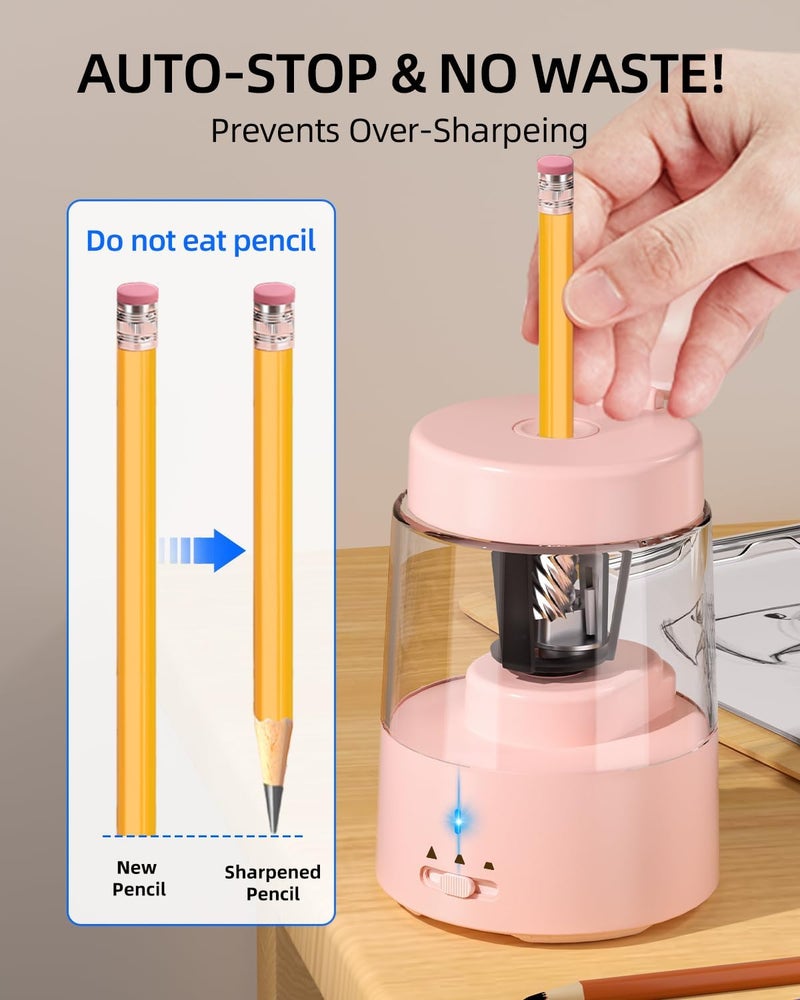 Zmol Colored Pencil Sharpener for Kids Gift, Rechargeable Electric Pencil Sharpener, Auto Stop, Pencil Sharpeners for Battery Powered Cute No.2/Colored Pencils (6-8mm), Classroom/Office/Home (Pink) - Image 4